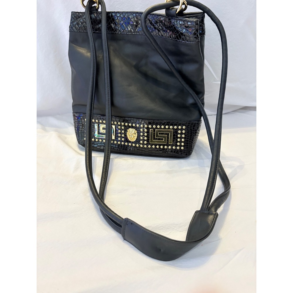 Park Avenue Int Black Leather‎ Crocodile Trim Medallion Studded Bucket Bag